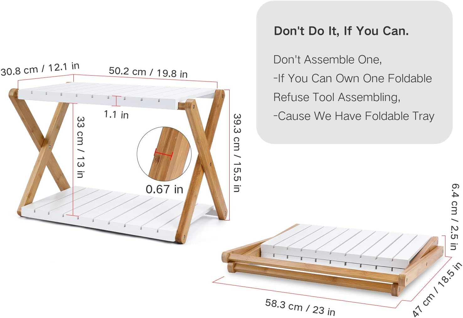 Nnewvante Desk Shelf Foldable Shelving Unit Printer Stand Multifunction 2 Tiers Bamboo Storage Organizer for Books, Fax Machine, Scanner, Files, Home Office Desktop Floor, White: Home Audio & Theater