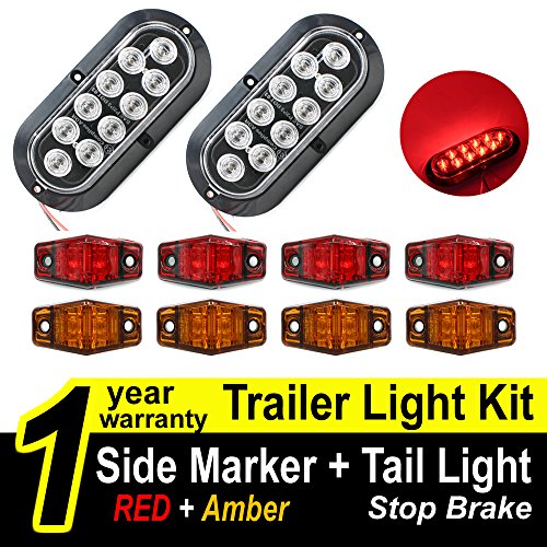 TMH Trailer Light KIT ( Pack of 2 ) 6″ Oval Clear Lens Stop Turn Brake Red Tail Light Lamp + ( Pack of 8 ) Side Led Marker Light ( Red & Amber ) For Truck, Trailer, Boat Trailer, Tractors, Bus