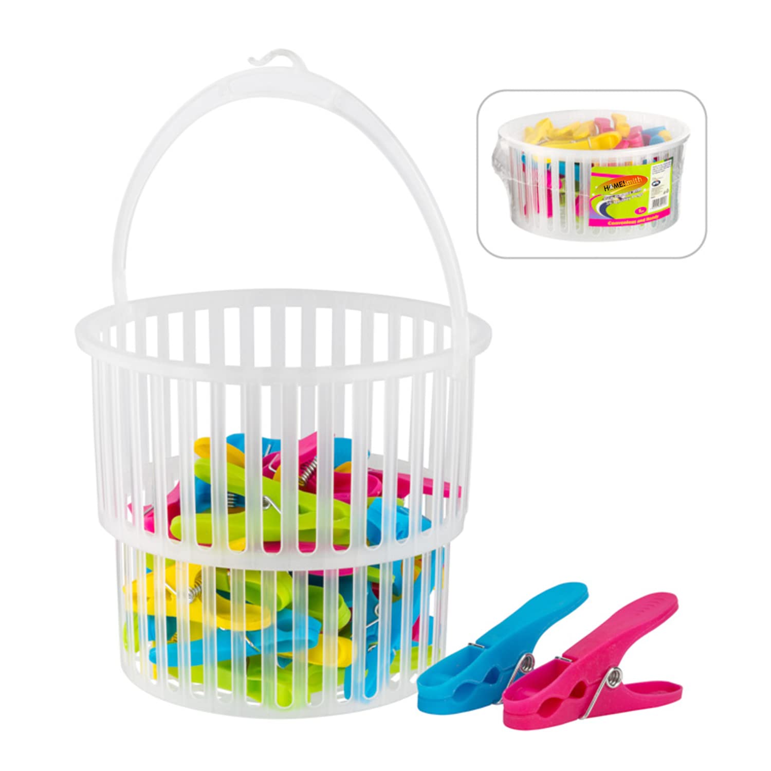 HomeSmith - Soft Grip Pegs With Basket - Soft Grip Clothes Pegs For Washing Line - Colourful Clothes Pin in Peg Basket With Handle - Pack of 36, HSmith-115