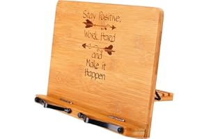 MEGREZ Foldable Bamboo Book Stand (11 x 7.9 inch), Portable Cookbook Holder Adjustable Desk Bookrest, Reading Holder Stand fo