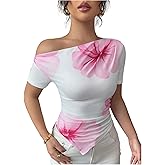 OYOANGLE Women's Floral Print Short Sleeve Asymmetrical Neck Ruched T Shirts Slim Fitted Going Out Tops