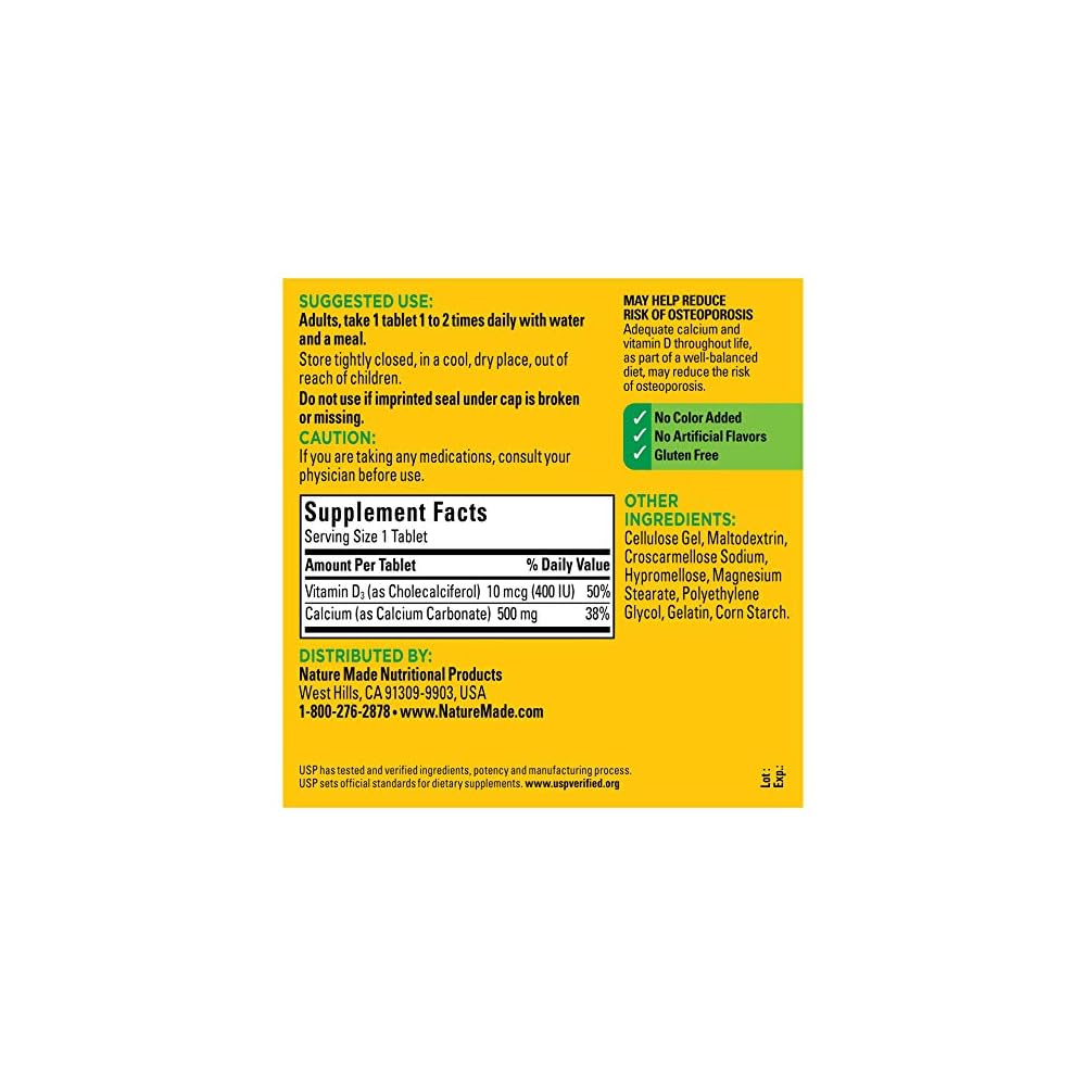 Nature Made Calcium 500 mg, with Vitamin D3 for Immune ...