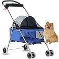 Dog Stroller Pet Stroller Cat Strollers Jogger Folding Travel Carrier Durable 4 Wheels Doggie Cage with Cup Holders 35Lbs Capacity Waterproof Puppy Strolling Cart for Small-Medium Dogs, Cats - Blue
