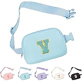 Aganmi Chenille Letter Crossbody Bags for Women Trendy, Waterproof Fanny Packs for Women Cross Body, Initial Letter Belt Bag with Multiple Inner Pockets and Adjustable Strap(Blue V)