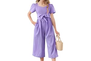 KIMODA Girls Casual Jumpsuits Kids Short Sleeve Bowknot Romper Pants with Pockets One Piece Summer Outfits for Girls 6-13 Years