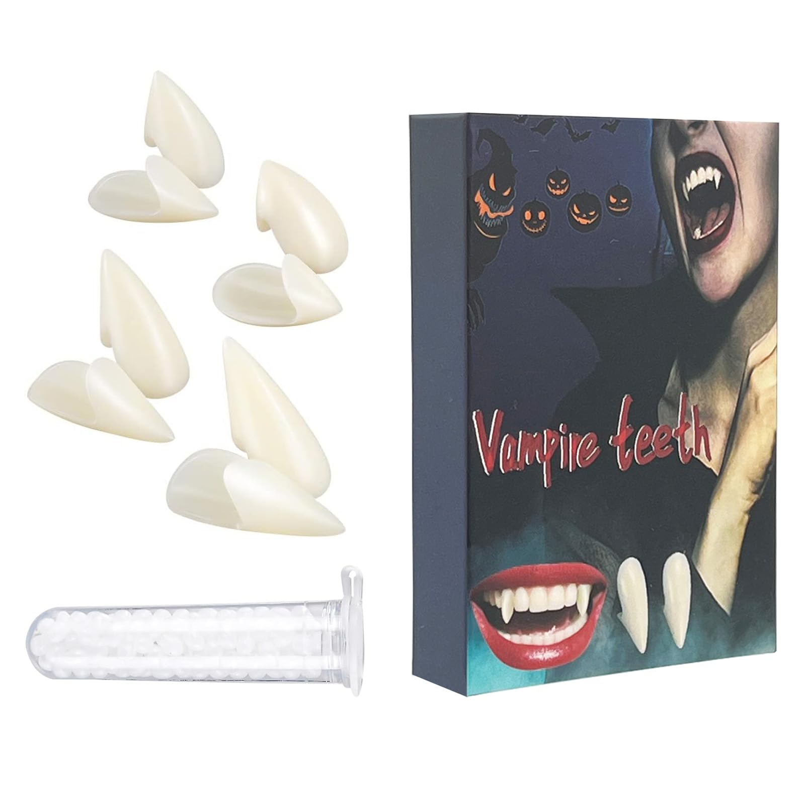 Vampire Fangs Kit 4 Sizes Custom Fangs Vampire Teeth Fake Dentures with 1 Tube Teeth Pellets Adhesive for Party Props Halloween Party （4Pieces）
