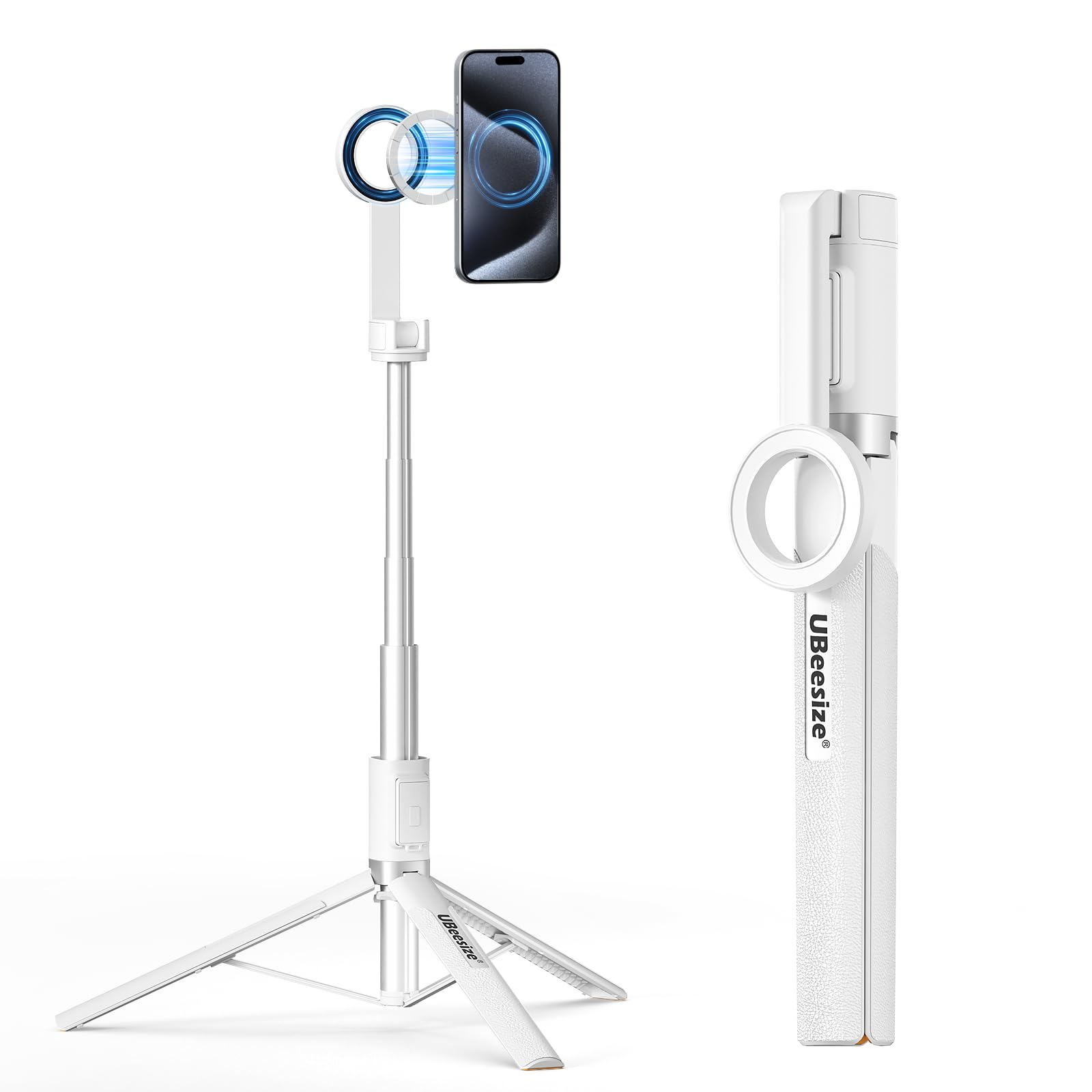 Photo 1 of UBeesize Magnetic Tripod for iPhone with Remote, 64’’ Extendable Phone Stand for Video Recording/Vlogging, N52 Strong Holder for iPhone 12-17/Android, Portable Travel Selfie Stick Tripod(White)