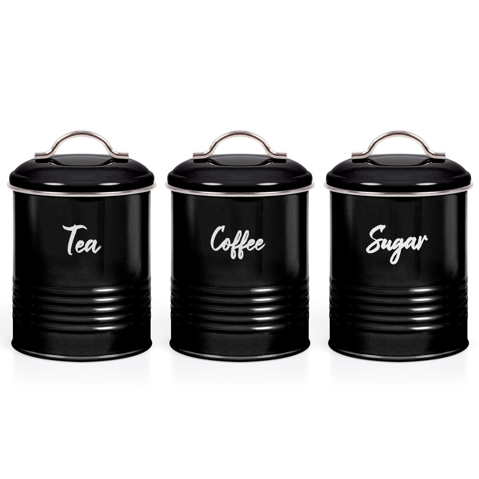 EHC Tea, Coffee, Sugar, Canister Set, Set of 3 Airtight Food Storage Easy to Open Storage Canisters Jars Tin, Black