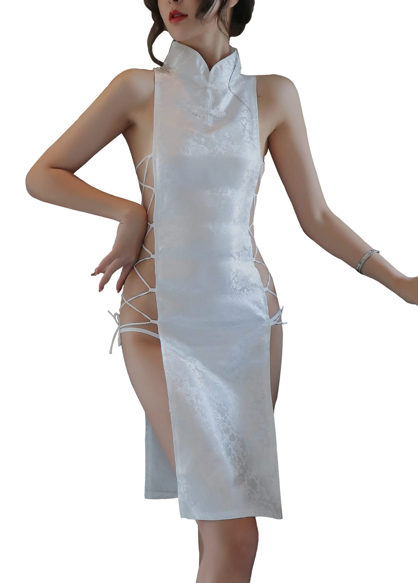 DEDLSEME Women's Lingerie Pajamas Bandage Slit Nightclub Uniform Temptation Retro Cheongsam Set,UK 6-12 White