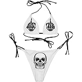 RARITYUS Women Shiny Rhinestone Skull Gothic Bikini 2 Piece Sexy Backless High Cut Swimsuit for Halloween Rave Festival