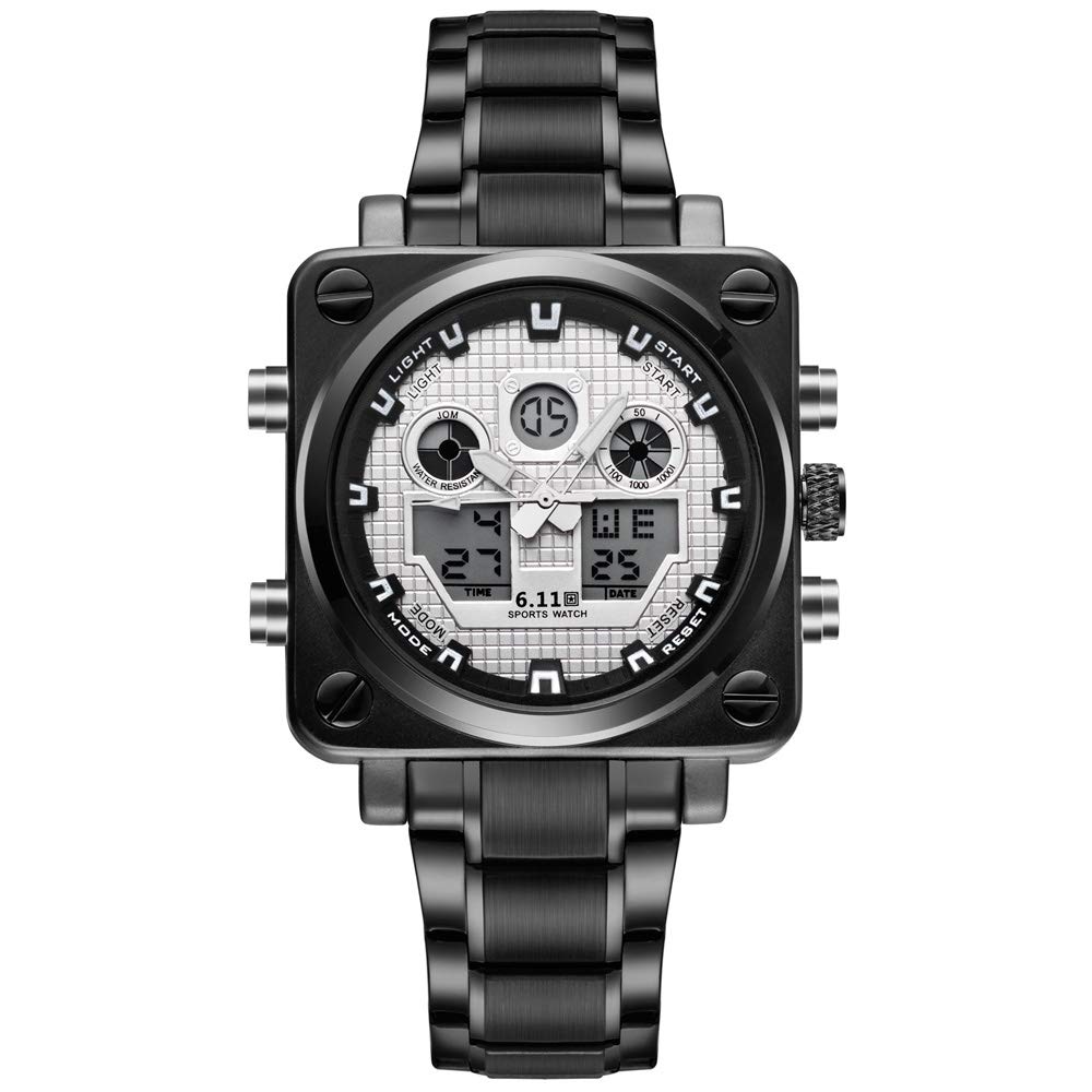 Sailine Multifunction Mens Soprt Watch Double Movement 2 Time Zone with Stainless Steel Strap Brand 30M Waterproof … (Black-White)