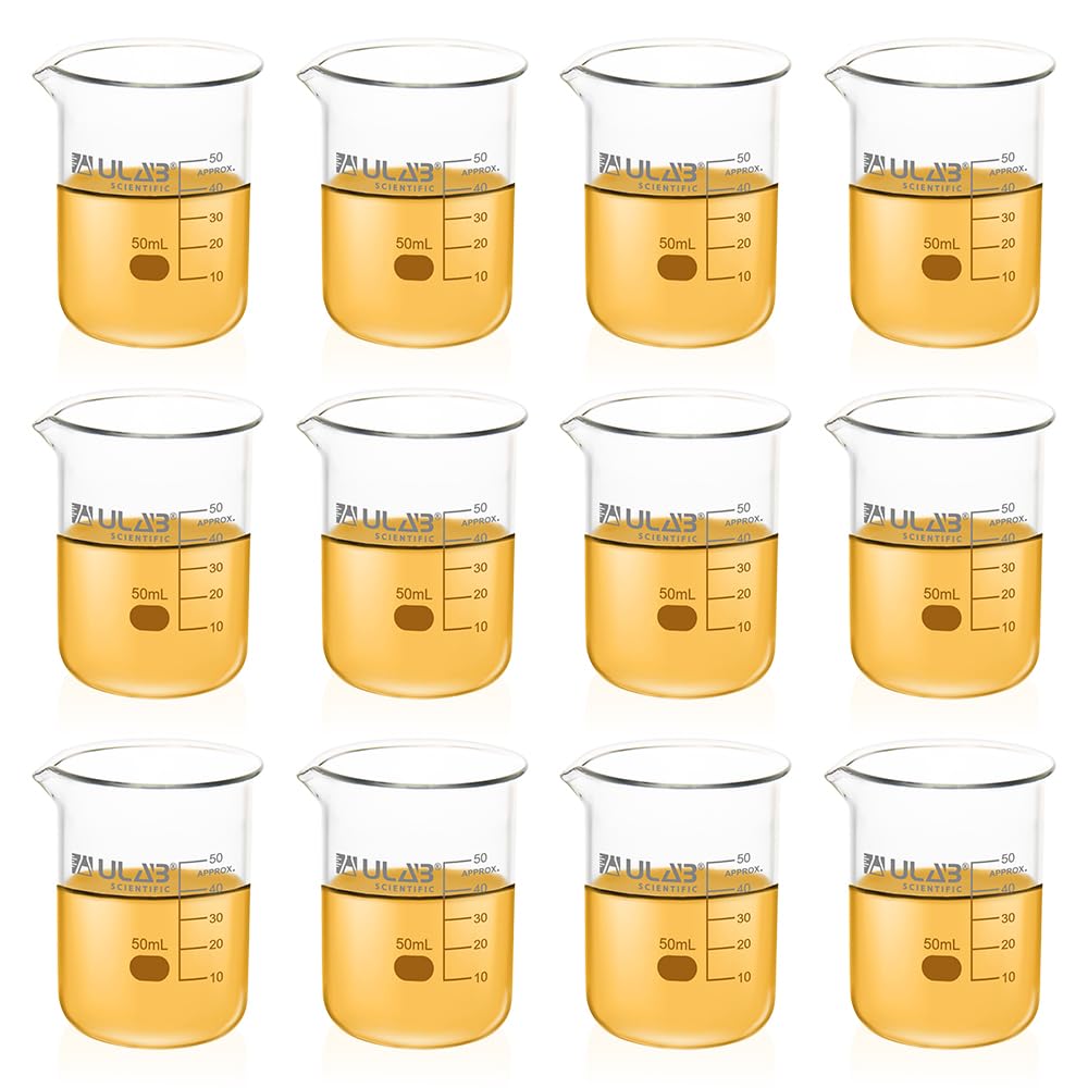 ULAB Scientific Glass Beaker Shot Glass, Vol. 50ml, 3.3 Borosilicate Griffin, Low Form with Printed Graduation, Pack of 12, UBG1013