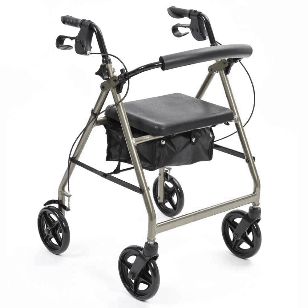 NRS Healthcare A-Series 4 Wheel Aluminium Folding Rollator with Locking Brakes, Height Adjustable Lightweight Walking Aid with Seat & Bag - P11279, Silver