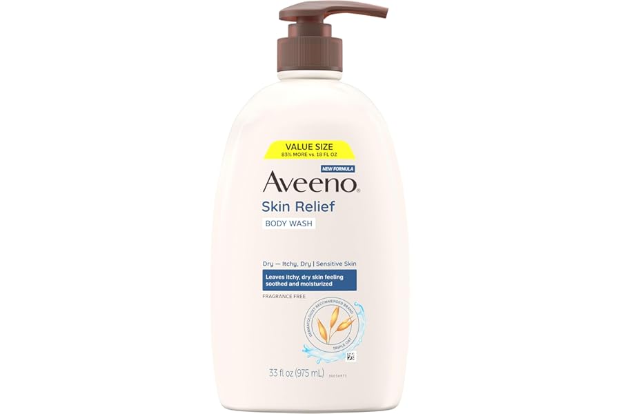 Aveeno Skin Relief Fragrance Free Body Wash, Triple Oat Formula, Gentle Daily Cleanser for Itchy Dry Sensitive Skin, Soap & Paraben Free, Soothes & Moisturizes, 33 fl oz
