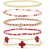 Red Cross Gold Beaded Bracelet Stack for Women, Dainty Bohemian Stretch Seed Beads Stackable Bracelets Set Trendy Prom Summer Jewelry Accessories Gift Friendship Family