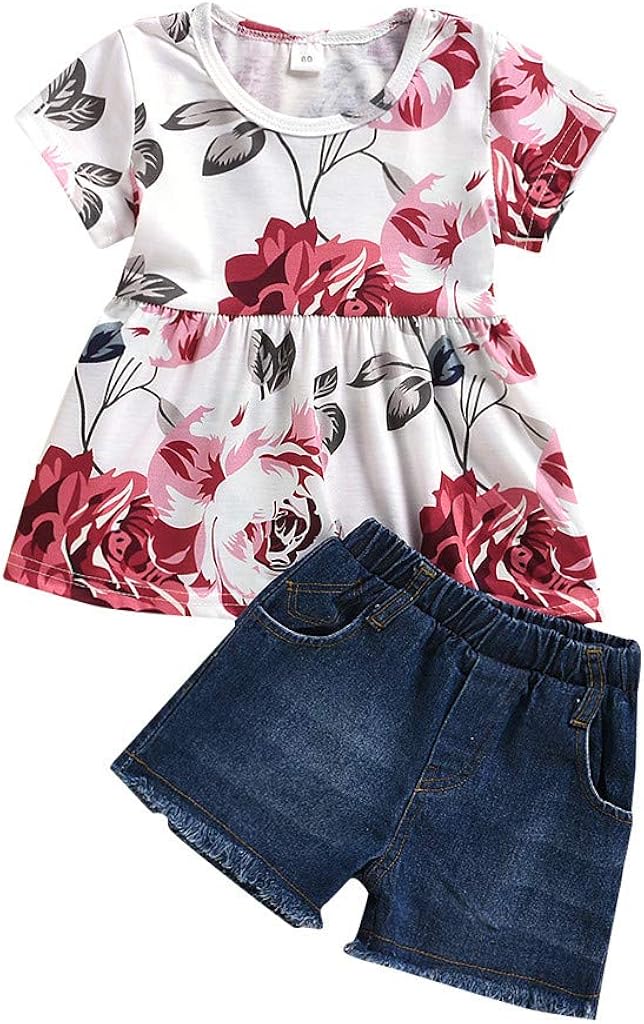 Shimigy Toddler Kids Baby Girls Floral Tops Tee Jeans Denim Shorts Outfits Clothes