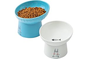 TAMAYKIM 6.5 Inch Tilted Extra Wide Raised Ceramic Cat Bowls, Food & Water Bowls for Elder Big Cats and Small Dogs, Elevated Sturdy Base Pet Feeder Dish, Stress Free, Protect Cat's Spine, White & Blue
