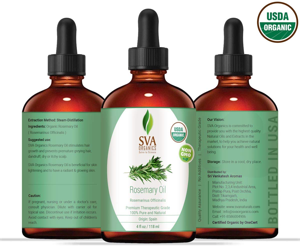 SVA Organics Rosemary Essential Oil Organic USDA 4 Oz 100% Pure & Natural, Authentic Premium Therapeutic Grade Oil for Hair, Skin, Massage and Aromatherapy: Beauty