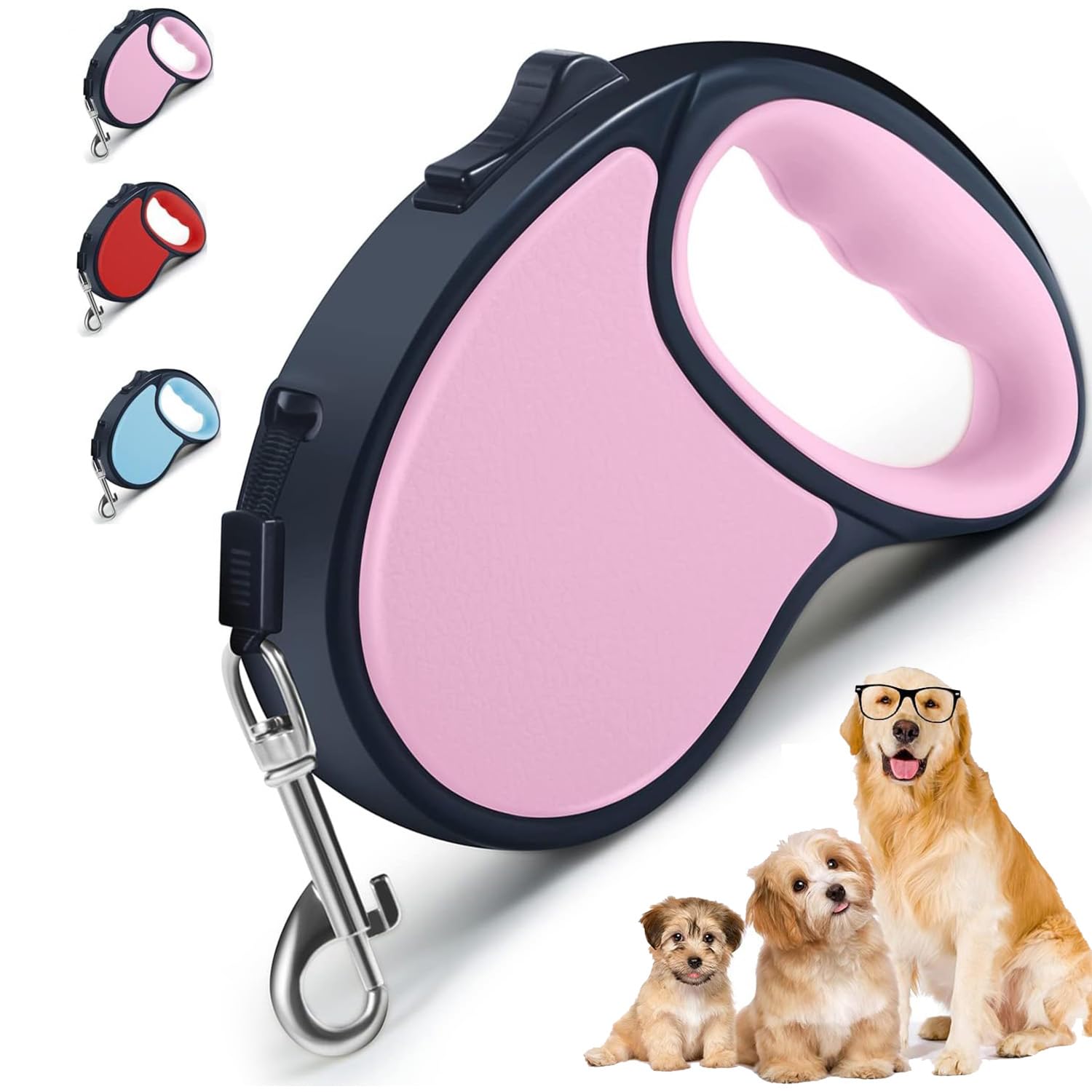 Retractable Dog Lead 5M/16FT Extendable Dog Lead with Strong Nylon Tape 360° Tangle-Free One-Handed Brake Anti-Slip Handle for Small Medium Dogs (PINK)