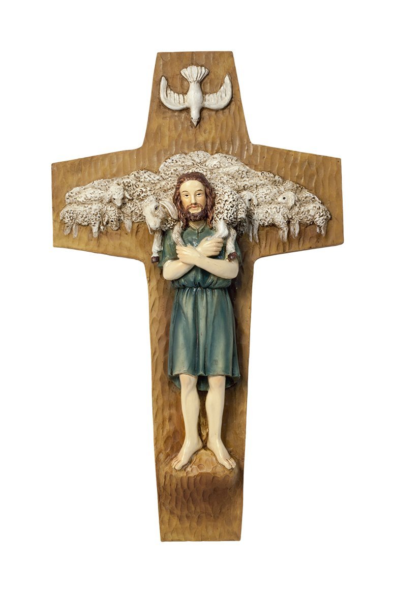 St Joseph's Catholic Giftshop on Amazon Pope Francis Cross. Christ as the Good Shepherd Cross. Hand painted resin 14 cms cross.
