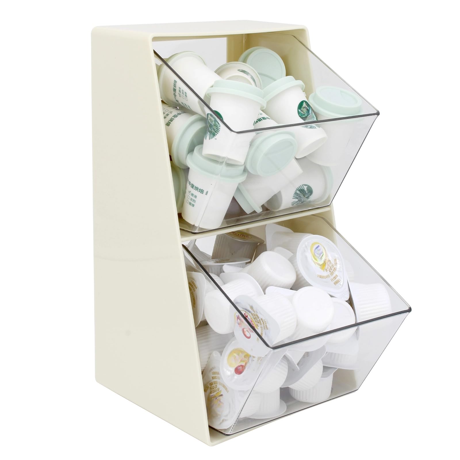 Bokelai Multipurpose Storage Organiser with 2 Open Drawers Coffee Pod Holder Storage Box for Tea Bags Capsules Creamer K Cup Suitable for various countertops Cream White