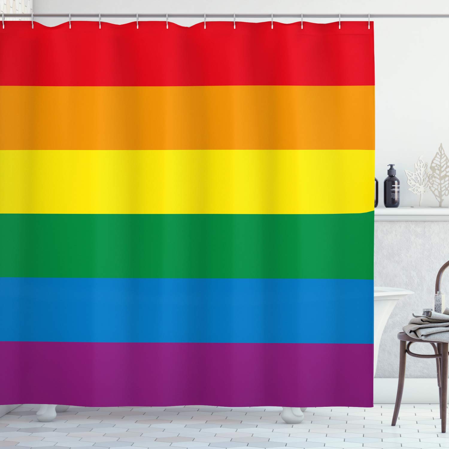 ABAKUHAUS Pride Shower Curtain, Horizontal Rainbow Colored Flag of Gay Parade Freedom Equality Love Passion Theme, Cloth Fabric Bathroom Decor Set with Hooks, 70 Inches, Multicolor