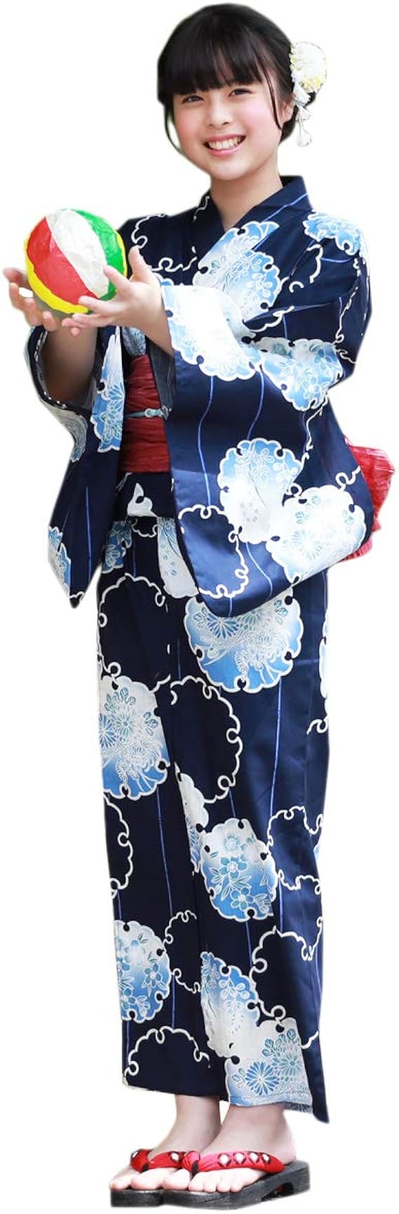 Amazon Co Jp 浴衣 レディース ジュニア セット 紺地に雪輪と菊 桜 綿浴衣3点セット 浴衣 へこ帯 下駄 服 ファッション小物