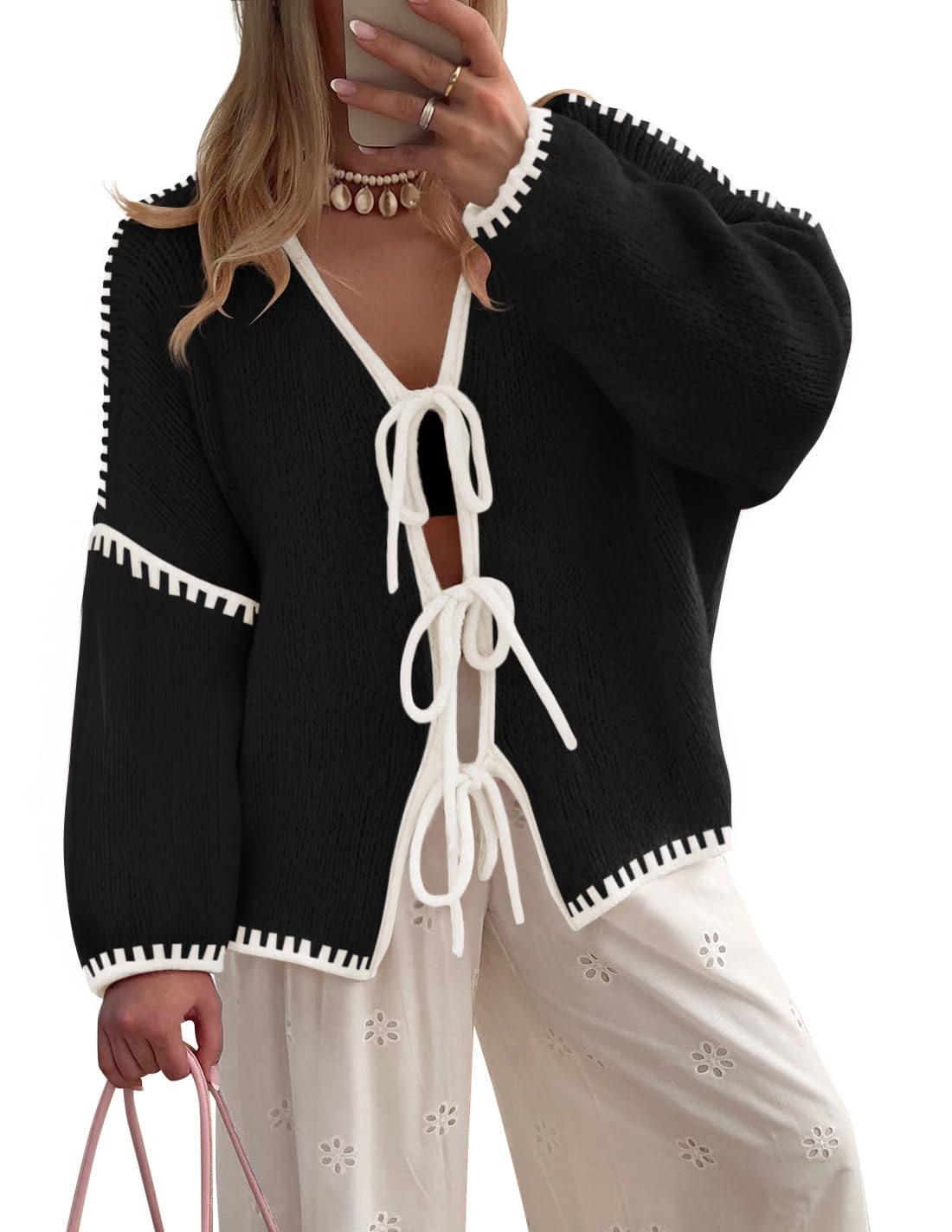 Photo 1 of ZESICA Crdigans for Women Trendy 2025 Tie Front Bow Sweaters Casual Long Sleeve Winter Clothing Coats,Black,X-Large