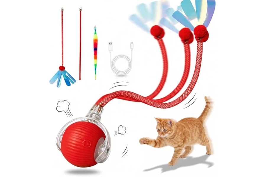 EGITEW Rechargeable Smart Rolling Cat Ball, Automatic Interactive Cat Toy with 3 Modes, LED Light & 3 Replaceable Accessories