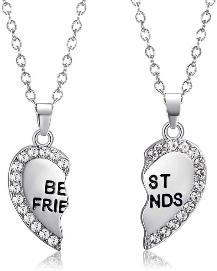 Bobury 2pcs Per Set Heart Rhinestone Best Friends Engraved Pendant Friendship Necklace
