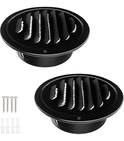 Asphodelia 2-Pack 4" Round Stainless Steel Wall Vent Cover – Black Louvered Grille With Fine Mesh, For Kitchen, Garage, Office