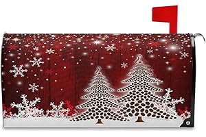 WAMIKA Merry Christmas Tree Winter Snowflake Pine Mailbox Covers Standard Size Red Christmas Tree Wood White Snow Magnetic Mail Wraps Cover Letter Post Box 21" Lx 18" W