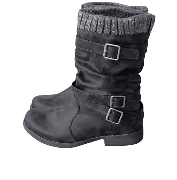 Buy Coutgo Womens Black Mid Calf Boots Winter Slouchy Low Block Heel