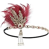STIOEDYUAN Vintage 1920s Flapper Headband Great Gatsby Feather Headpiece Roaring 20s Leaf Tiara Hair Accessories For Women (Red)