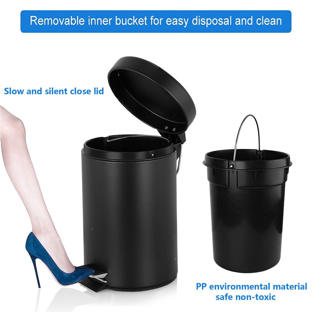 H+LUX Trash Can,Round Mini Trash Can with Soft Close Lid and Removable Inner Wastebasket for Bathroom Bedroom Office,Fingerprint Resistance,0.8 Gallon/3 Liter,Black