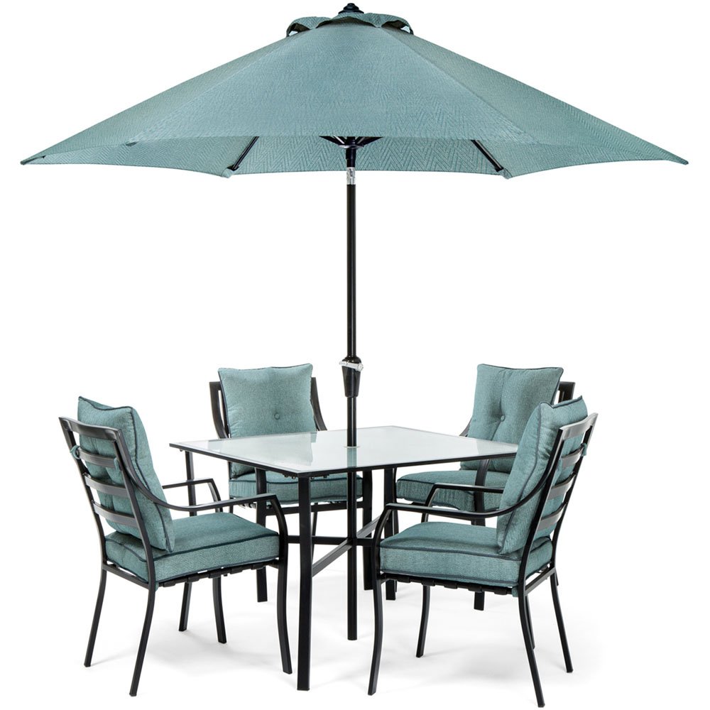 Envelor Hanover Lavallette 5 Piece Outdoor Dining Set Weatherproof Garden Lawn Patio Furniture with Stationary Chairs Square Table Umbrella and Stand