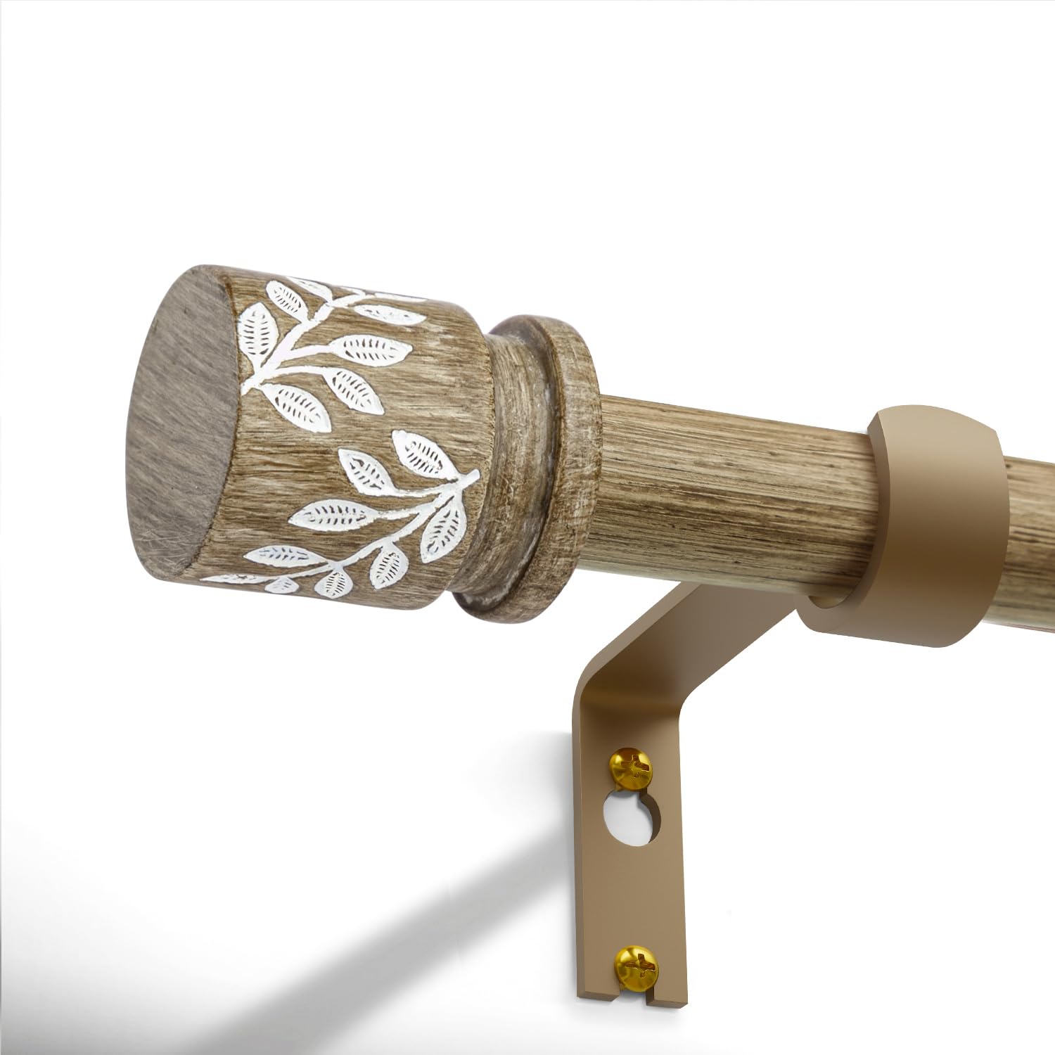 Photo 1 of QDWIS Weathered Wood Curtain Rods for Windows 66 to 120 inch Boho Decorative Handmade Wood Grain Drapery Rods with Leaf Finial 1" Adjustable Heavy Duty Curtain rod for Living Room Bedroom Kitchen