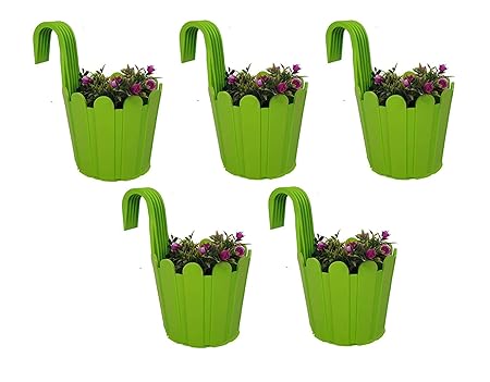 OSHIGREENS Plastic Railing Hanging Planters, Green, Standard Size, Pack Of 5