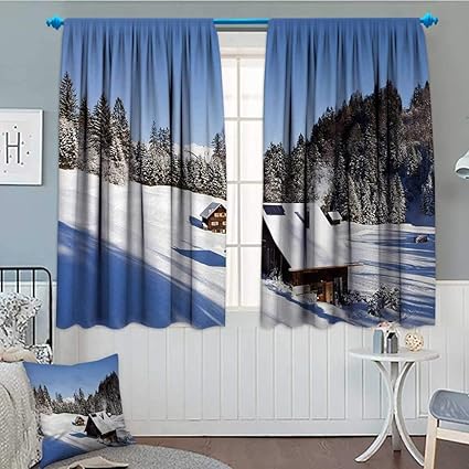 Amazon Com Winter Window Curtain Fabric Log Cabins In The