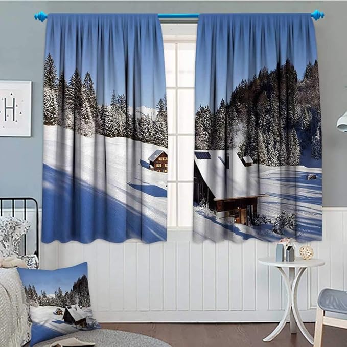 Amazon Com Winter Window Curtain Fabric Log Cabins In The