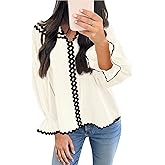 Cicy Bell Womens Ruffle Puff Sleeve Blouse V Neck Trim Shirts Trendy Casual Loose Fit Tops