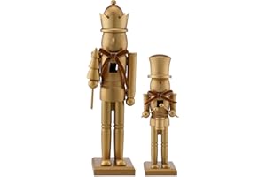 Weysat 2 Pcs Neutral Christmas Nutcracker Figure Gold Wooden Nutcracker Figures with Velvet Bow Christmas Ornament for Xmas Festival Party Gift Shelves Table Desktop Fireplace Decor, 10inch, 15inch