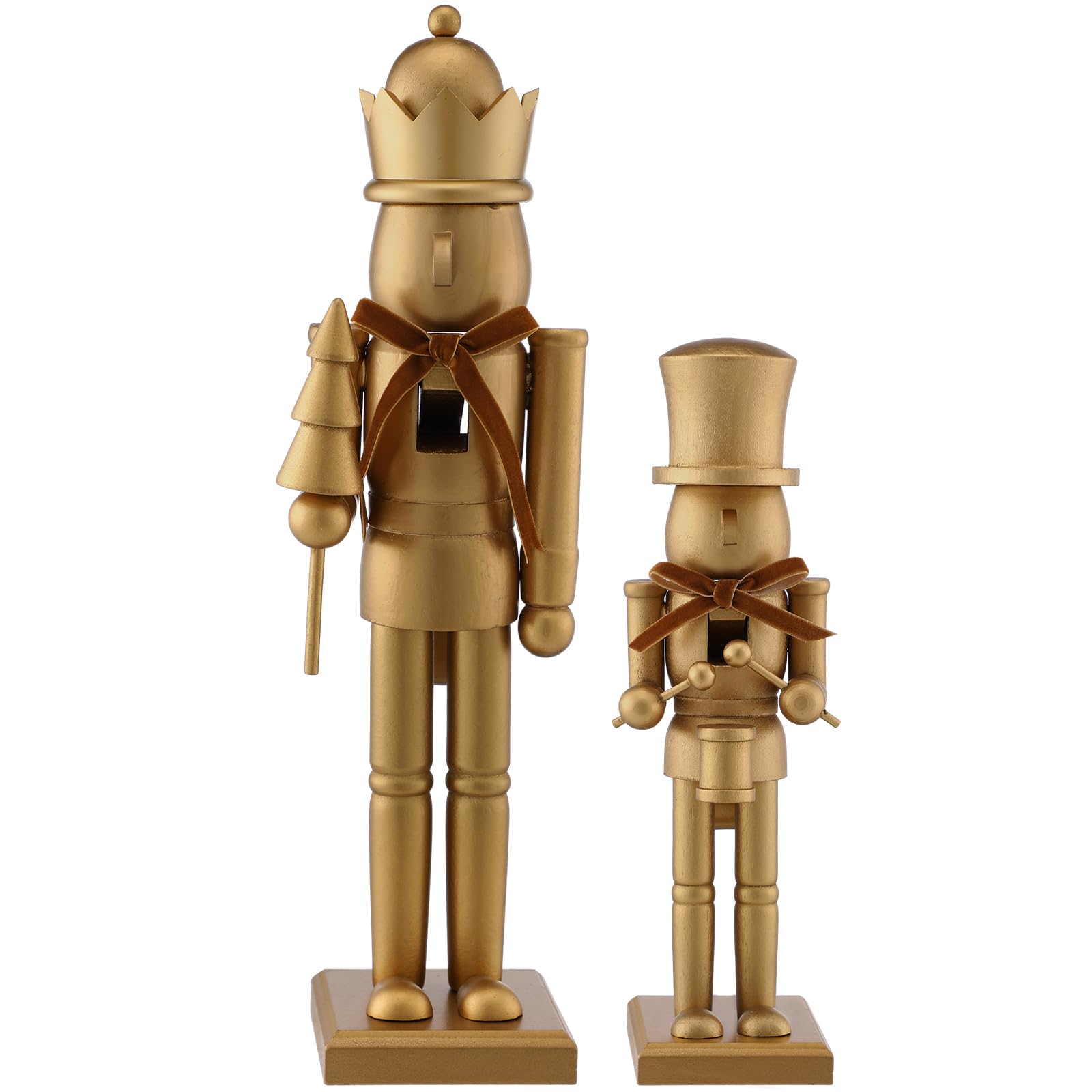 Photo 1 of Weysat 2 Pcs Neutral Christmas Nutcracker Figure Gold Wooden Nutcracker Figures with Velvet Bow Christmas Ornament for Xmas Festival Party Gift Shelves Table Desktop Fireplace Decor, 10inch, 15inch