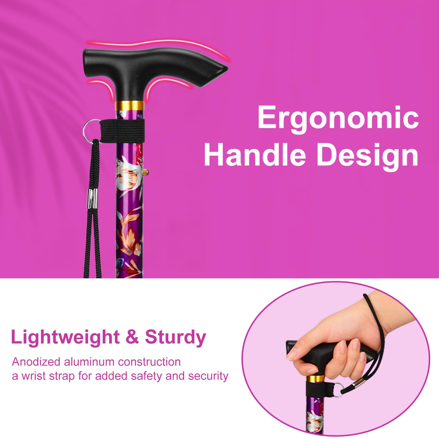 MFE Folding Cane, Portable 5-Level Adjustable Height Walking Stick with Foldable Design, Wrist Strap, and T Handle for Men and Women
