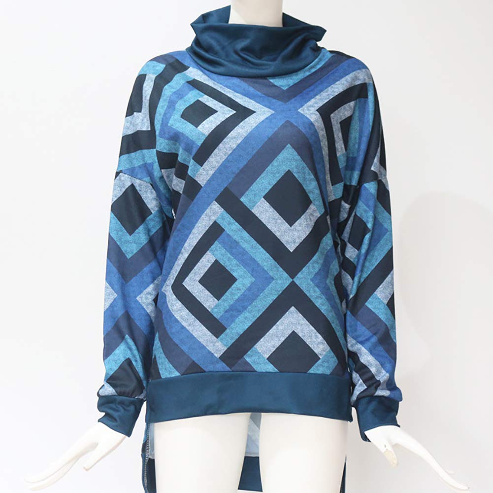 Pevor Womens Casual Henley Shirts Turtleneck Long Sleeve Geometric Print Pullover Sweatshirts Plain Tunic Tops Blouse Blue XXL