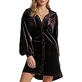 SEMATOMALA Women's Collared Button Down Velvet Shirt Dress Puff Long Sleeve Casual Loose Tunic Top Pleated Party Mini Dresses