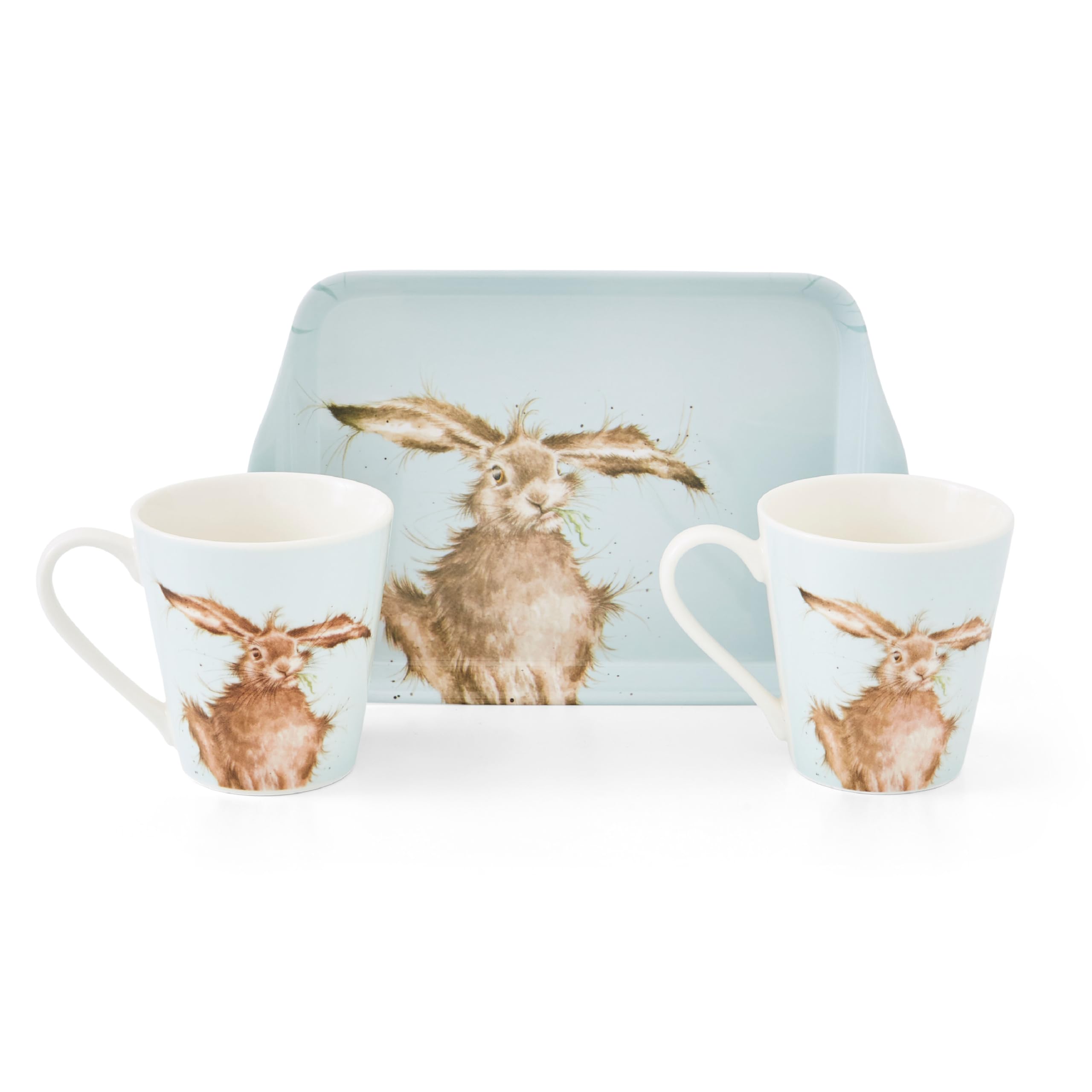 Pimpernel x Wrendale Designs Hare Mug and Tray Gift Set - Porcelain Mugs & Melamine Tray Suitable for Serving Biscuits and Snacks, Hare Illustrations by Artist Hannah Dale, 180ml