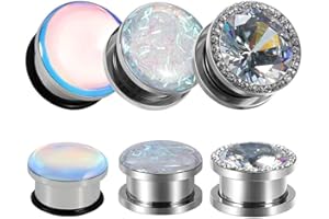TBOSEN 6 PCS Big Cubic Zirconia Stainless Steel Screw Ear Gauges Plugs Tunnels Expander Body Piercing Jewelry Set