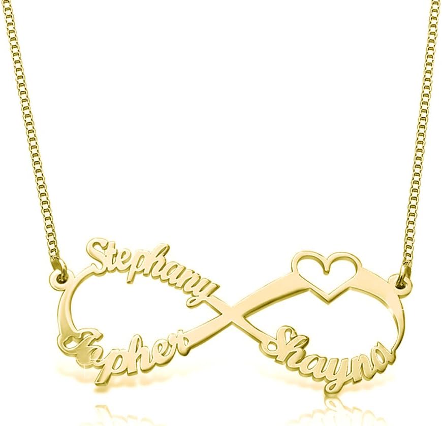 925 Sterling Silver Personalized Infinity Family Name Necklace with Cut-Out Heart Custom Made with 3 Names