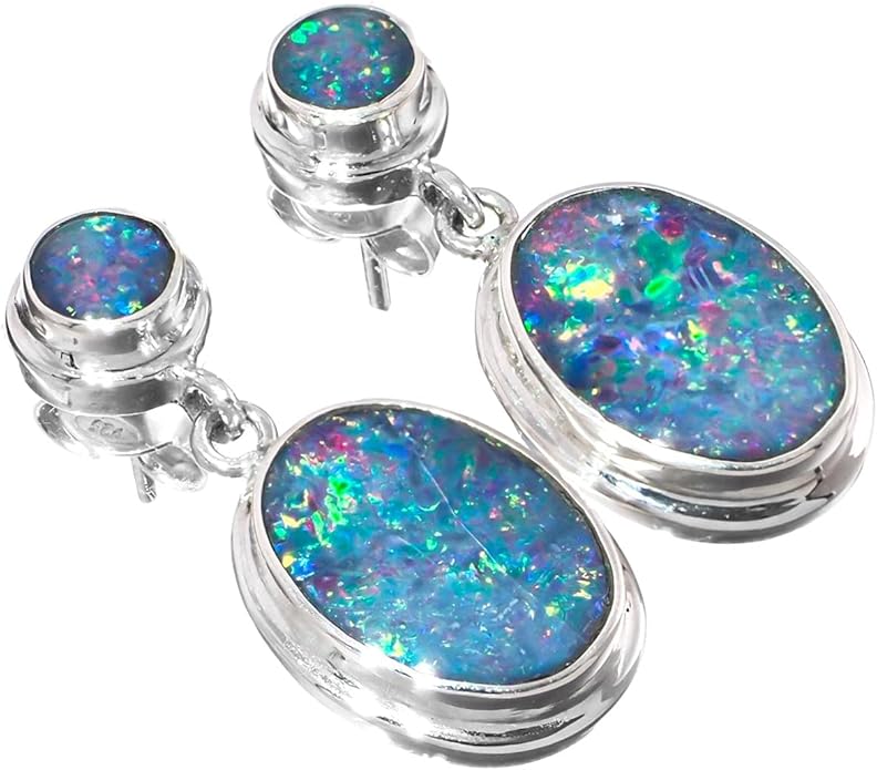 Large Double Australian Opal 925 Sterling Silver Stud Drop